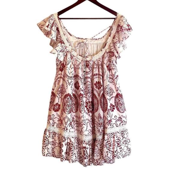 Maeve Flutter-Sleeve Babydoll Mini Dress Size Medium Red White Lace Floral - Picture 7 of 11